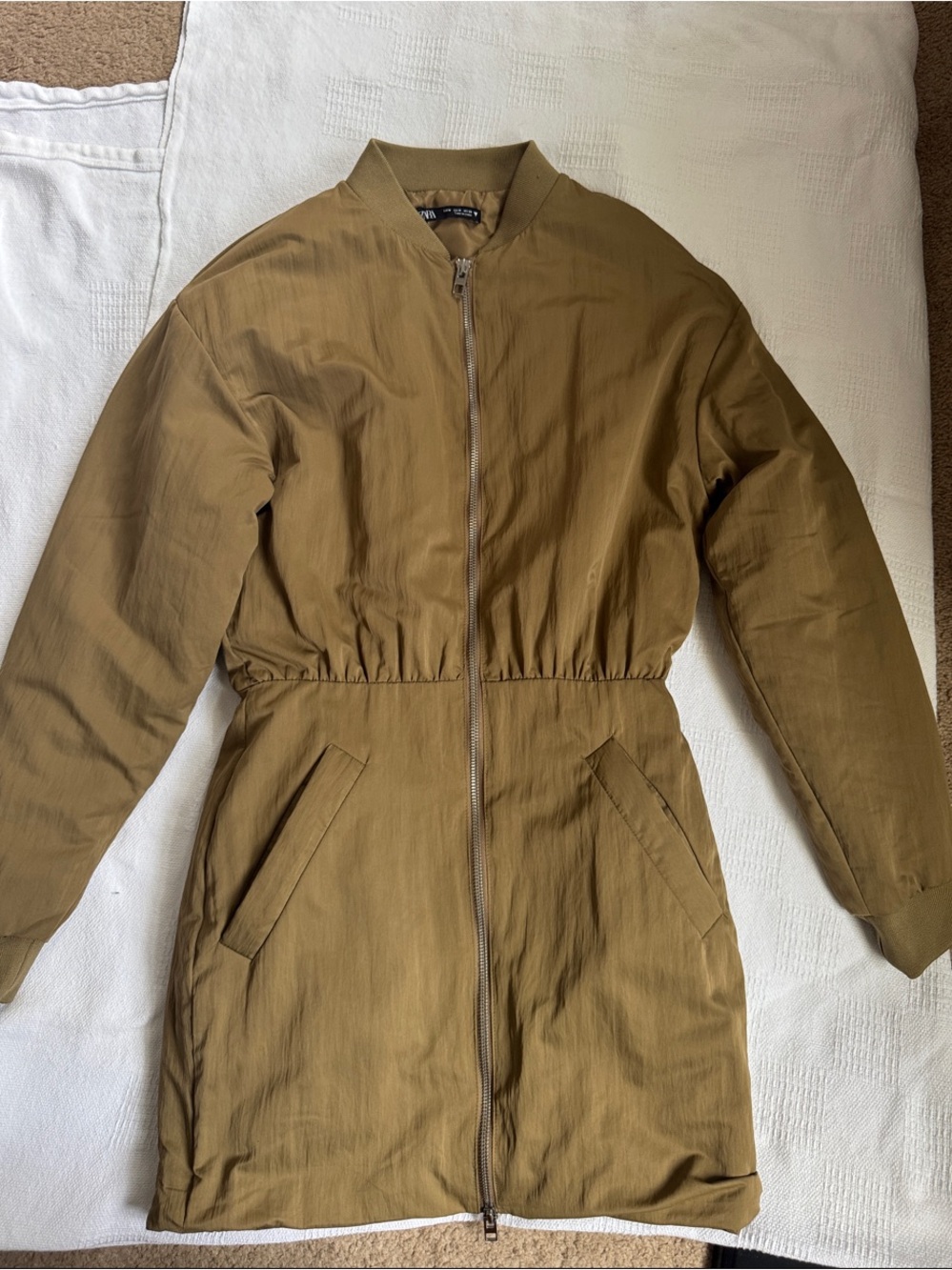 Zara Olive/Tan Long Zip-Front Bomber dress